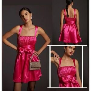 Maeve Hot Pink Satin Mini Dress with Bow